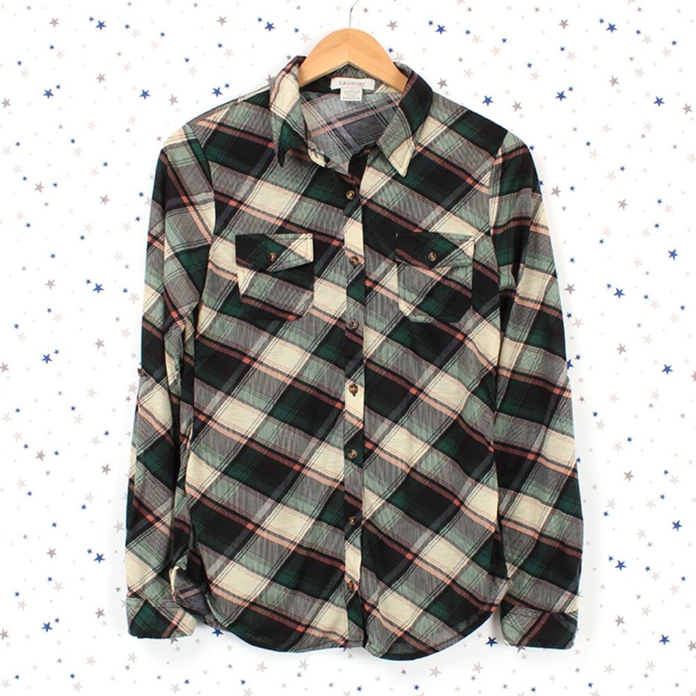 Green Black Beige Knit Button Up Plaid Shirt